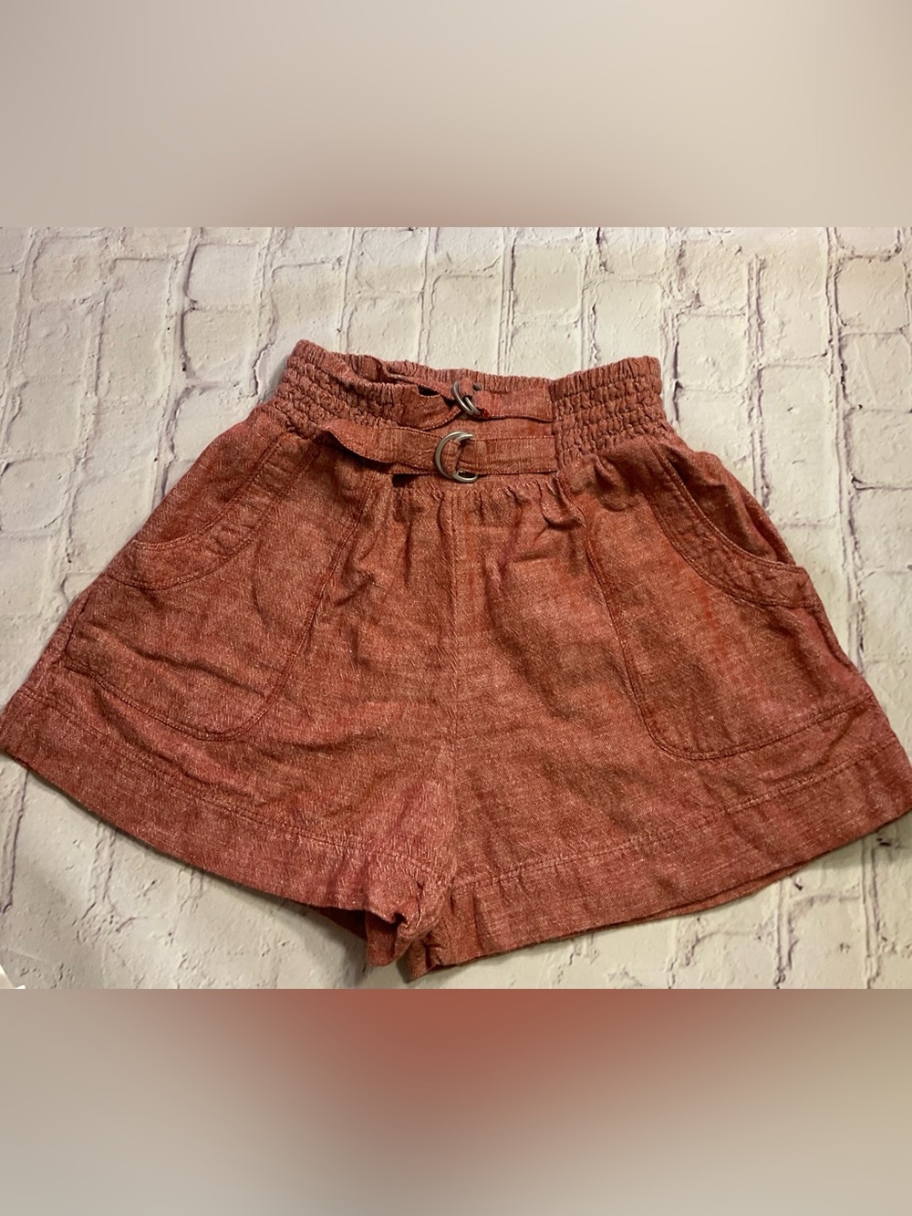 American Eagle Outfitters Rust High-Waist Paperbag Shorts with Belt Detail